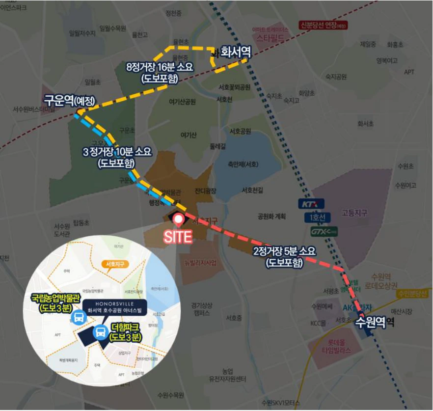 단지에서 수원역·화서역·구운역(예정)으로 이동하는 경로와 정류장 위치 안내